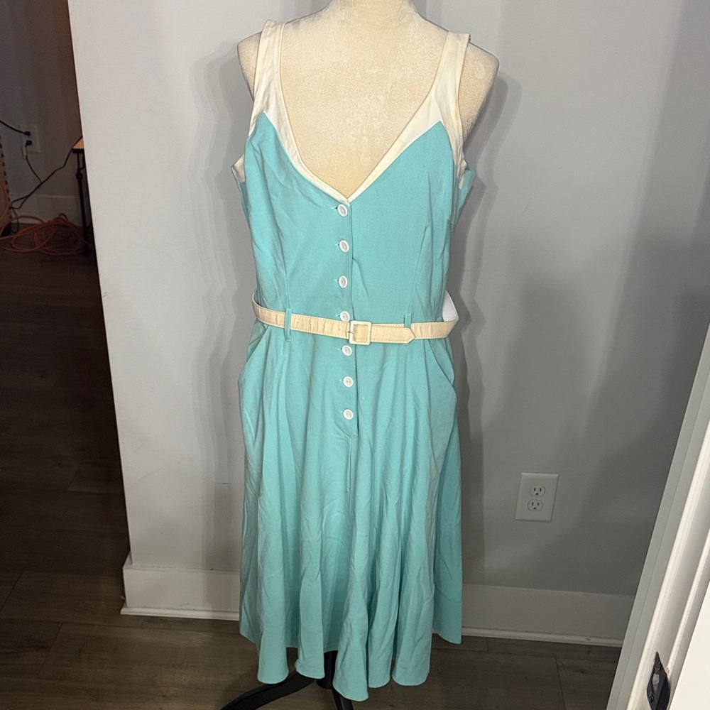 Bettie Page Blue and Cream Midi Dress